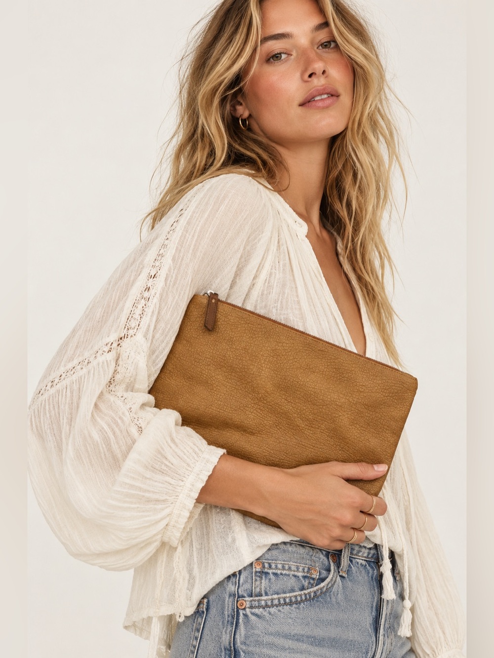 Free People Tan Vegan Leather Wristlet Zipper Pouch for Travel or Large Totes